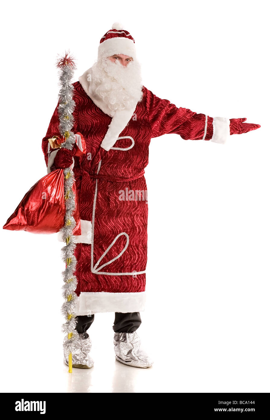 Santa Claus shows on something isolated on white Stock Photo - Alamy