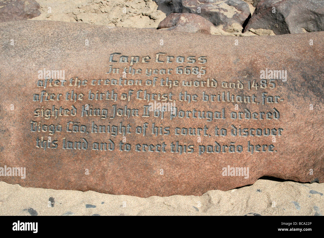 English Translation Of The Cape Cross Stone, Cape Cross, Namibia, Africa Stock Photo