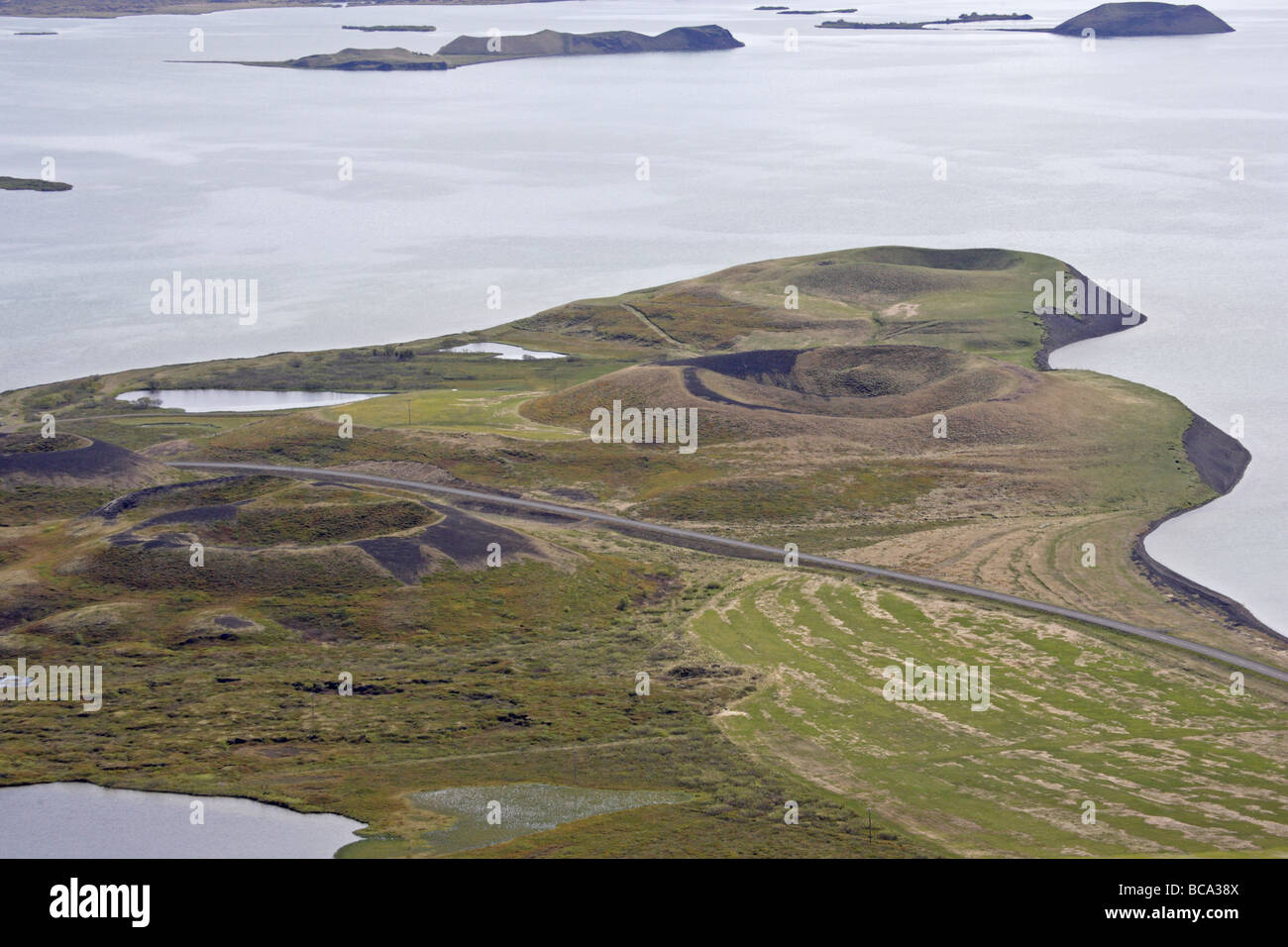 View from Vingbelgjar-fjall showing pseodocraters and Lake Myvatn Stock Photo