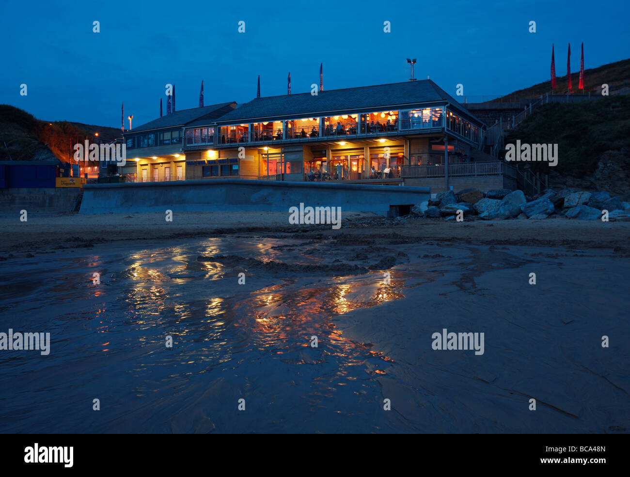 Jamie Oliver's Fifteen Cornwall in the evening light, seen from Watergate Bay beach Stock Photo