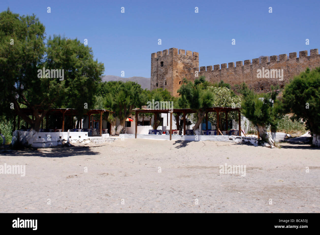 FRANGOKASTELLO FORT AND BEACH ON THE GREEK ISLAND OF CRETE Stock Photo