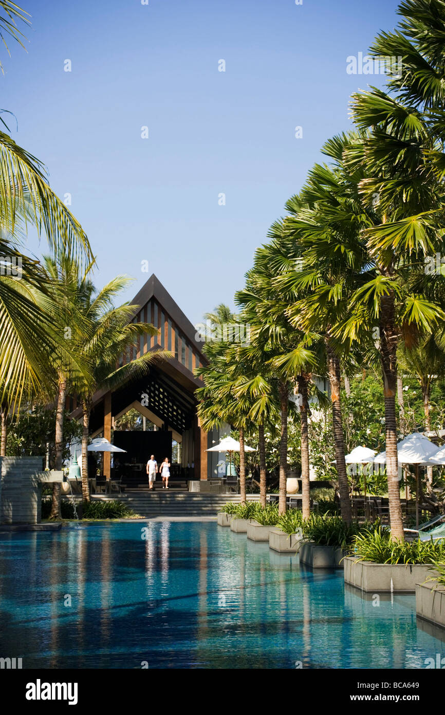 View over a swimming pool to an entrance of the luxury hotel Twinpalms Phuket Resort, Phuket's most exciting and stylish contemp Stock Photo