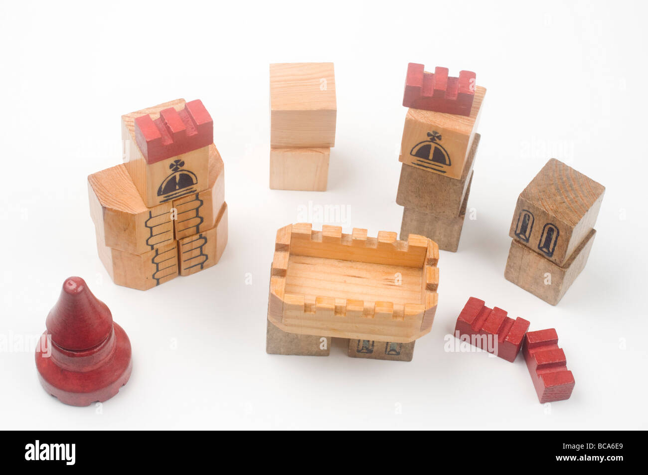 Cutout of wooden castle blocks on white background Stock Photo