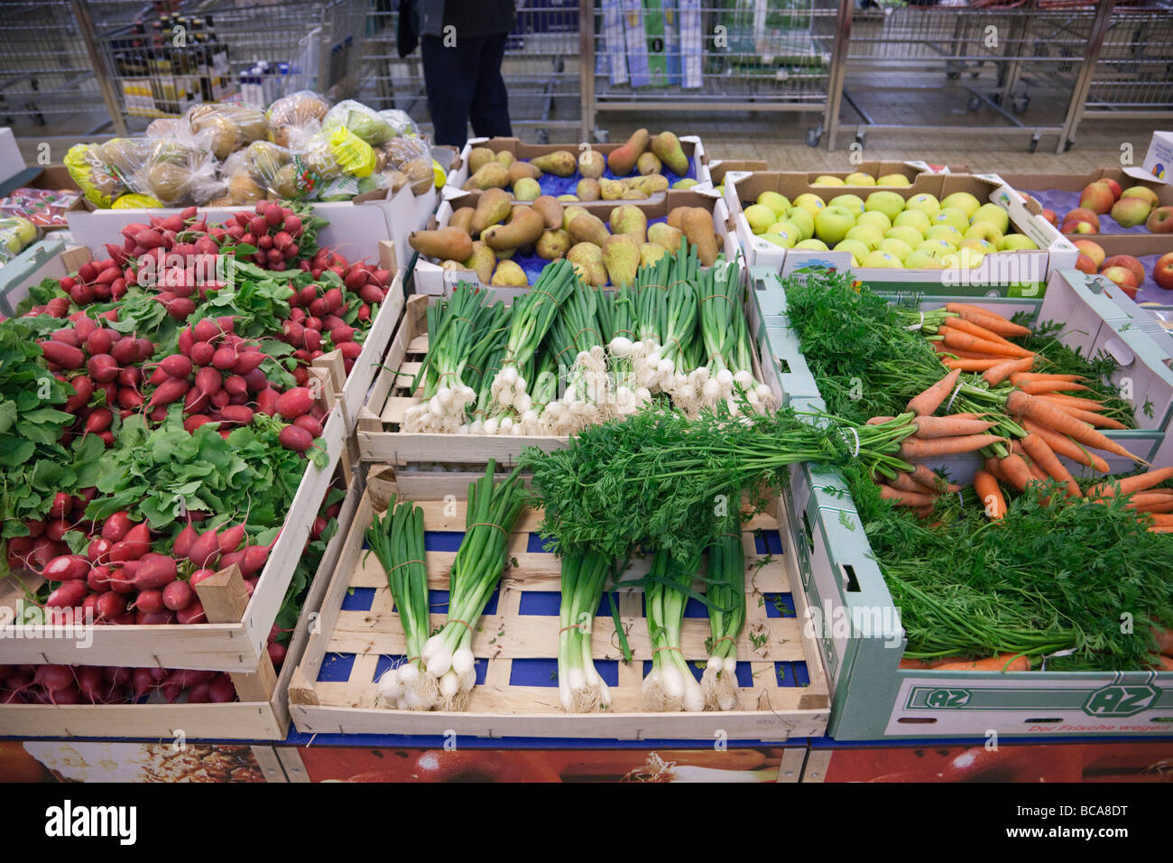 Europe Fresh fruit and vegetables on display on a supermarket shelf