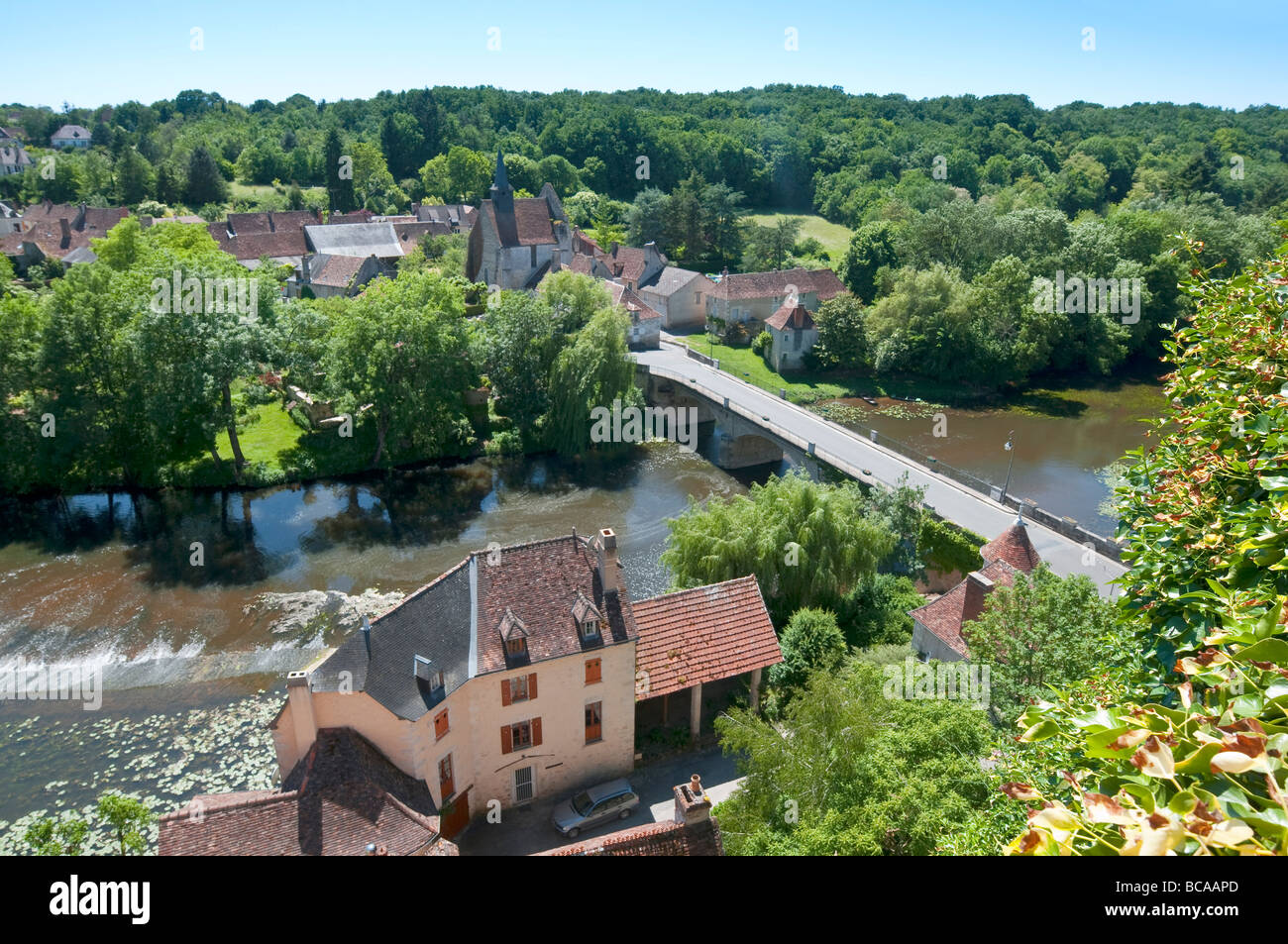 View from chateau across river, bridge and Angles-sur-l'Anglin - Vienne, France. Stock Photo