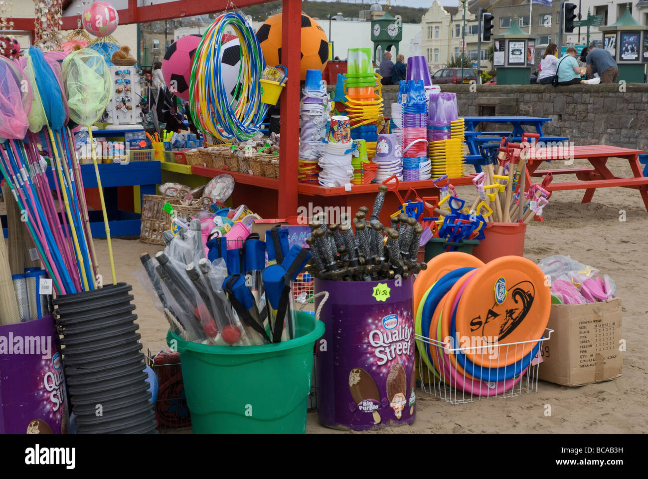 Bucket and spade stall on the beach at Weston Super Mare, Somerset UK