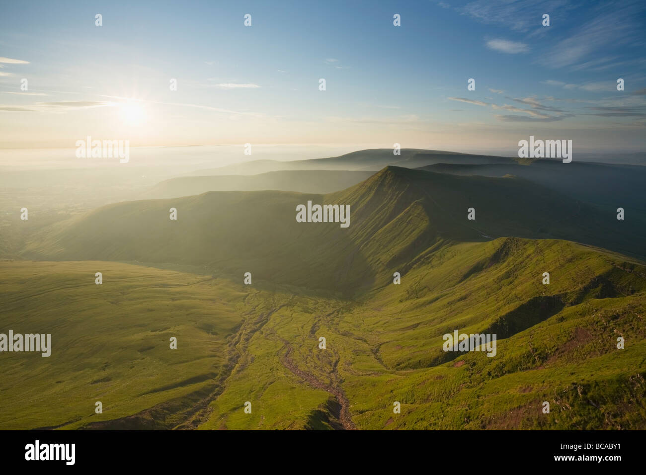 View from Pen y Fan towards Cribyn on a Summer morning Brecon Beacons National Park Powys Wales UK Stock Photo