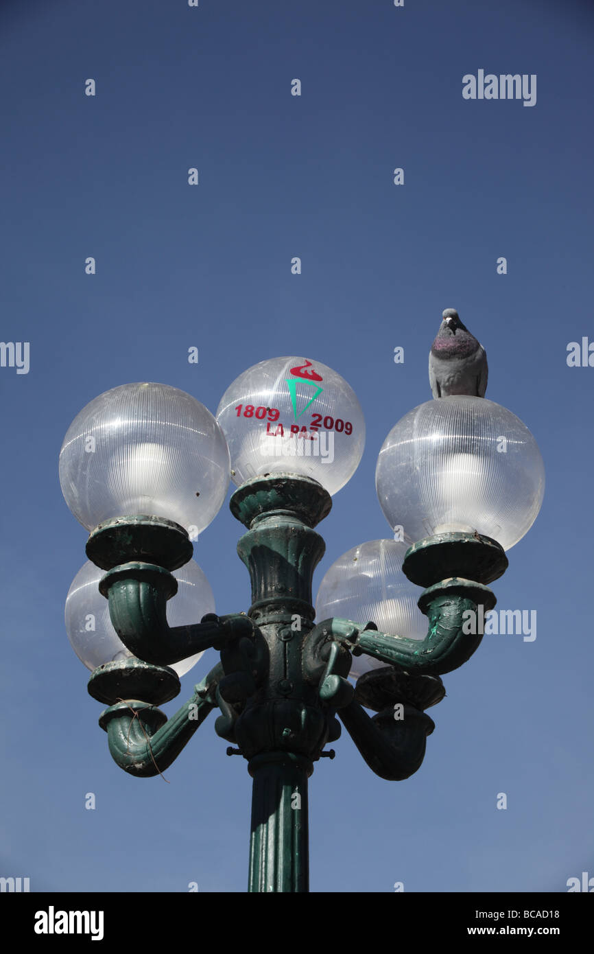 Symbol of 200th anniversary of the July 16th 1809 uprising in La Paz against Spanish colonial rule on street lamp, Plaza Murillo, La Paz , Bolivia Stock Photo