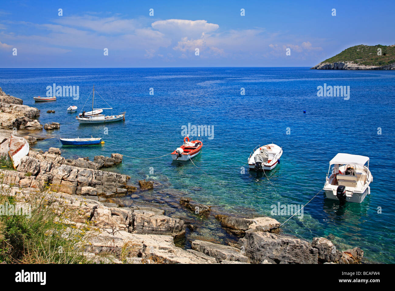 Moored Boats Makrios Gialos Zante Zakynthos Zakinthos Ionian Island Greece EU European Union Europe Stock Photo