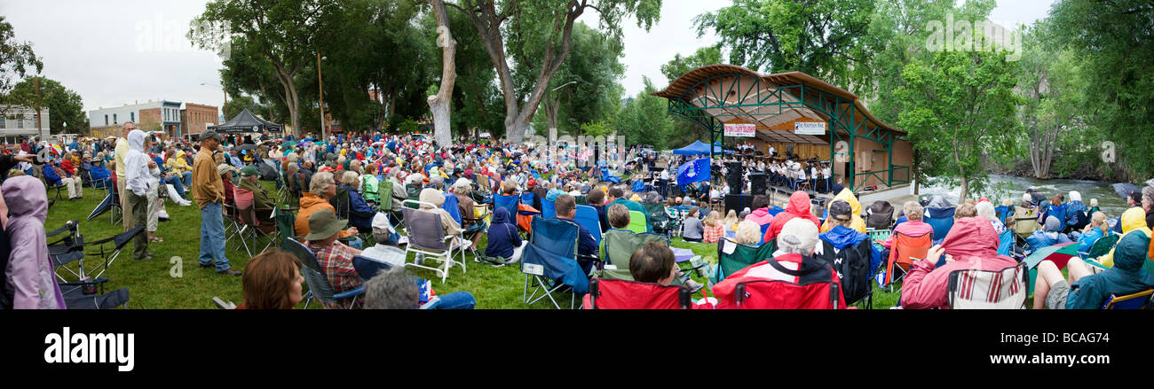 Panorama of the US Air Force Academy Band plays in Riverside Park on July 2nd Salida Colorado USA Stock Photo