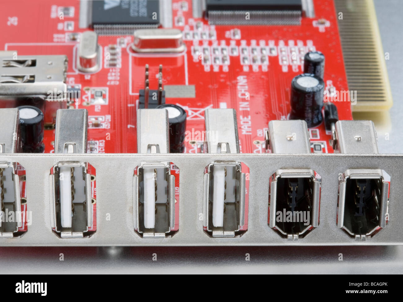 close up of usb firewire ports on a pci card Stock Photo