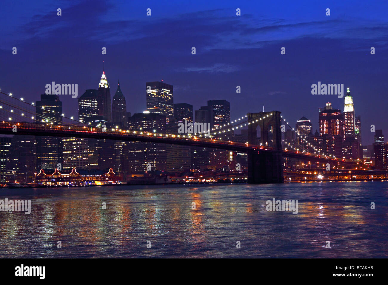 evening photograph, Brooklyn Bridge and Skyline of Manhattan, New York ...