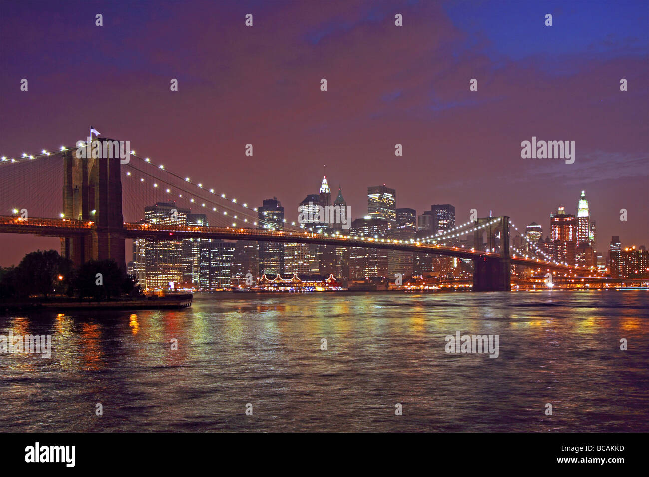 evening photograph, Brooklyn Bridge and Skyline of Manhattan, New York ...