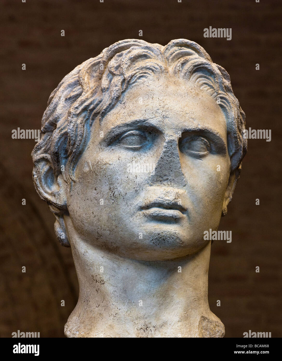 Portrait of Alexander the Great, shown from the approximate vantage point of an ancient viewer. See description for more info. Stock Photo