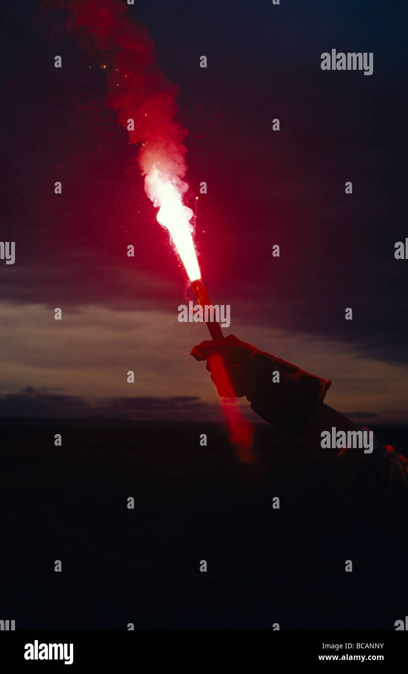 An emergency signal flare test during helicopter crash training Stock