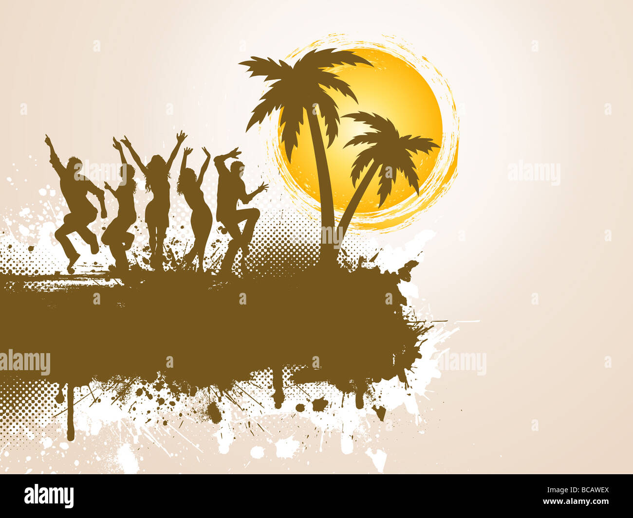Silhouettes of people dancing on grunge palm tree background Stock Photo