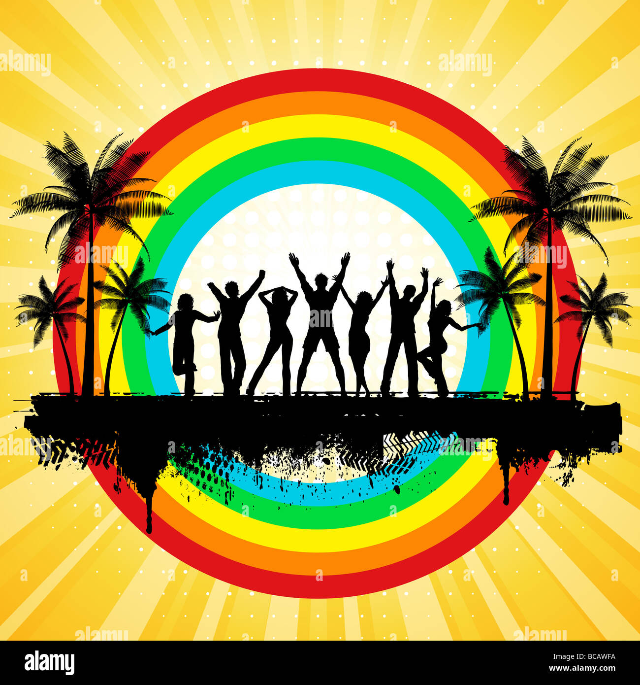 Silhouettes of people dancing on a grunge summer background Stock Photo