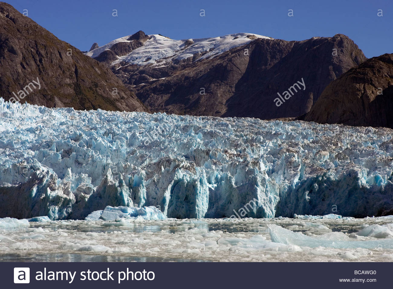 Blue ice along glacier front, Leconte Glacier. Stock Photo