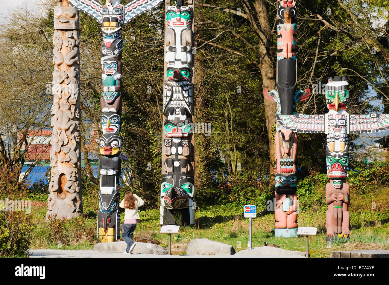 First Nation totem pole in Stanley Park Vancouver British Columbia Canada Stock Photo