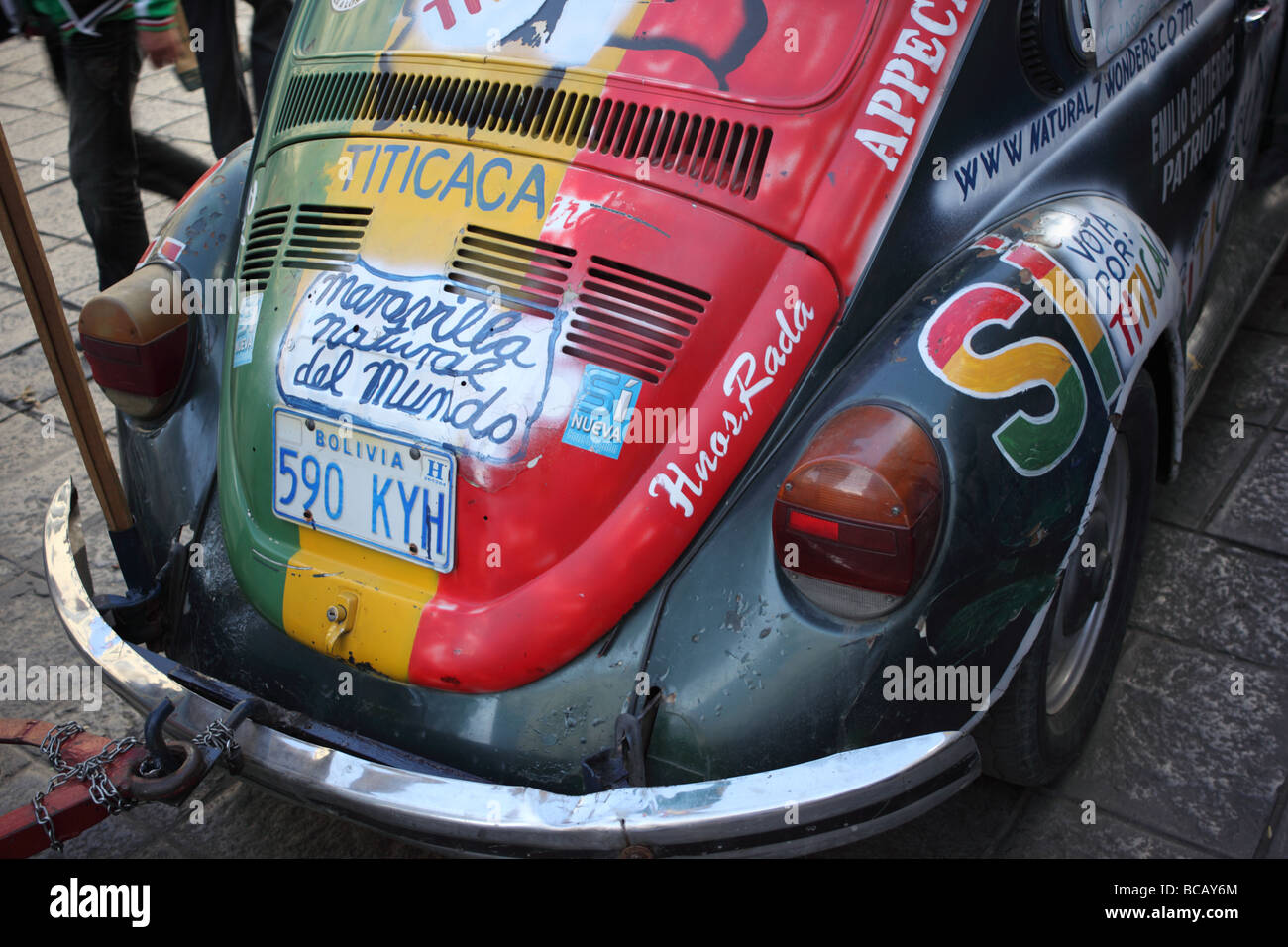 Volkswagen Beetle painted in national colours as campaign to promote Lake Titicaca as one of The Seven Natural Wonders of the World, La Paz, Bolivia Stock Photo