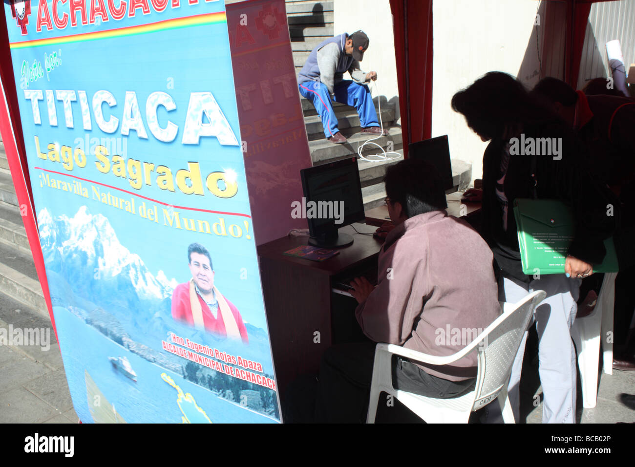 Stall to encourage people to vote for Lake Titicaca as one of The Seven Natural Wonders of the World, La Paz, Bolivia Stock Photo