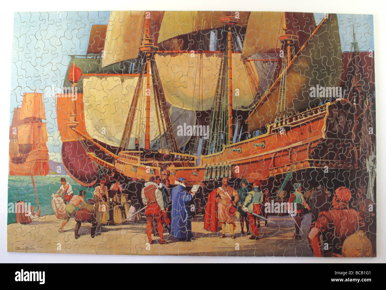 Vintage Chad Valley GWR wooden jigsaw with a scene of  Francis Drake on quay at Plymouth made circa 1935 Stock Photo