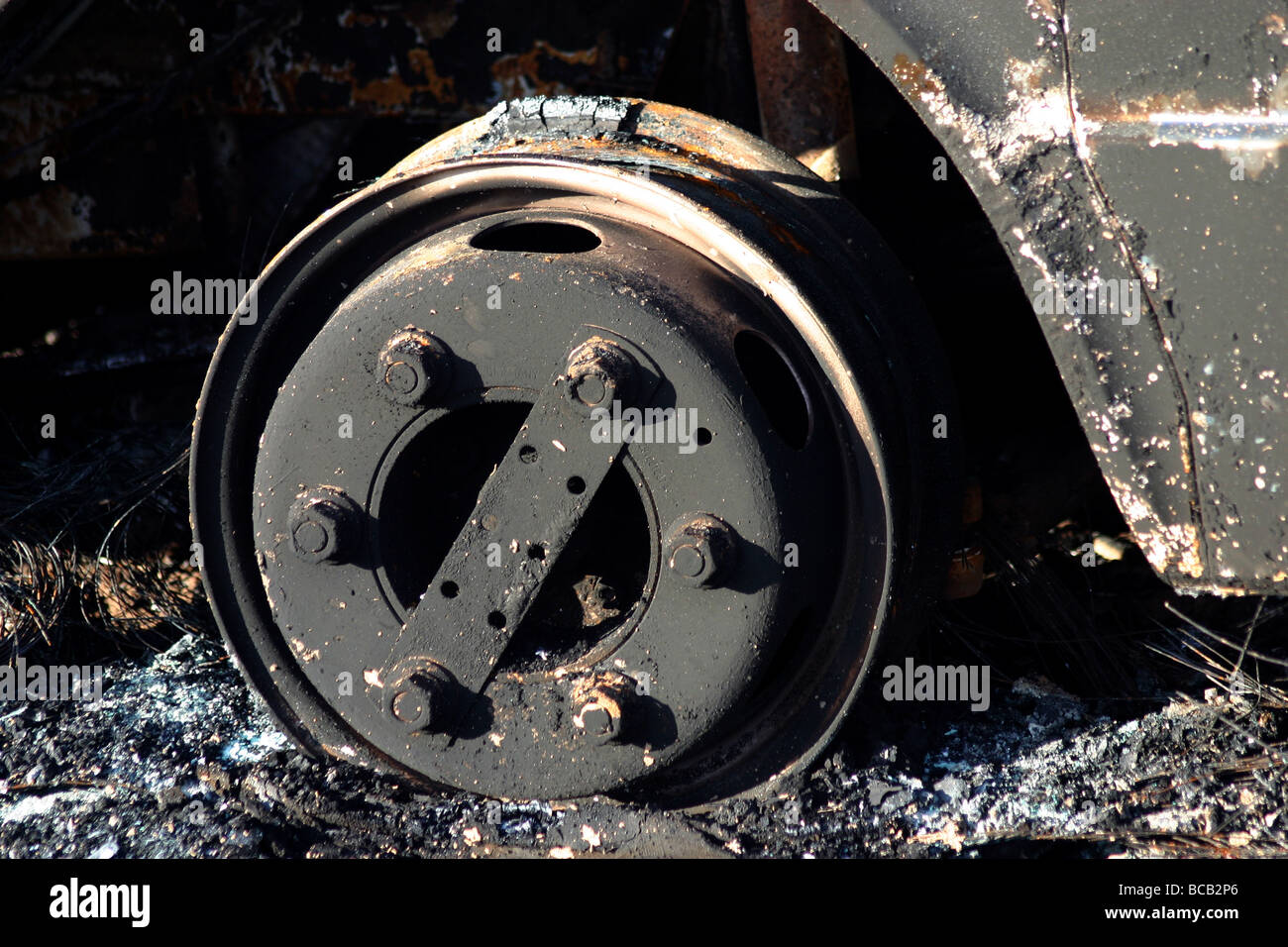 Burnt wheel of a truck Stock Photo - Alamy
