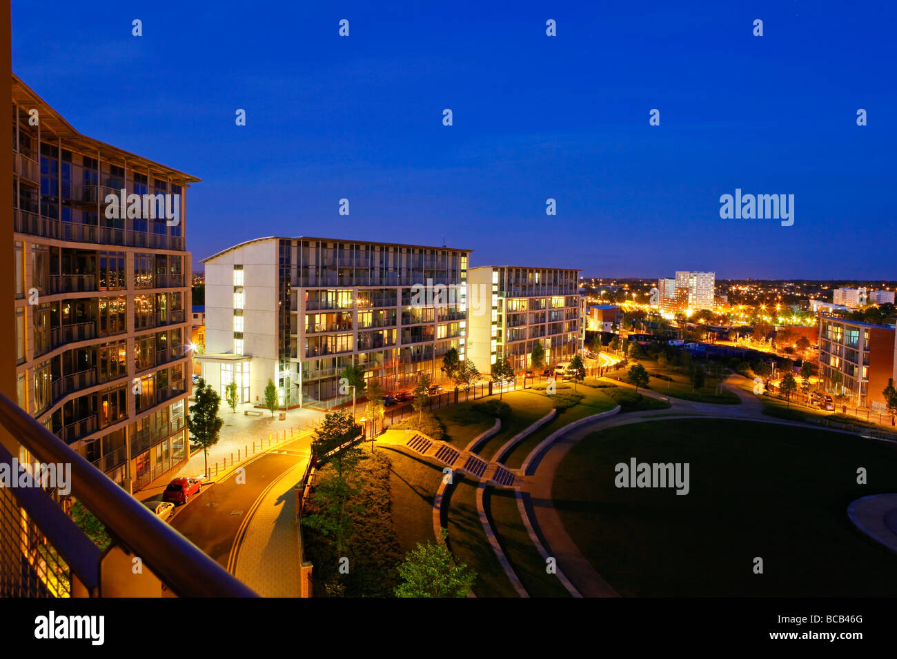 Park Central, Birmingham, a development of apartments at night Stock