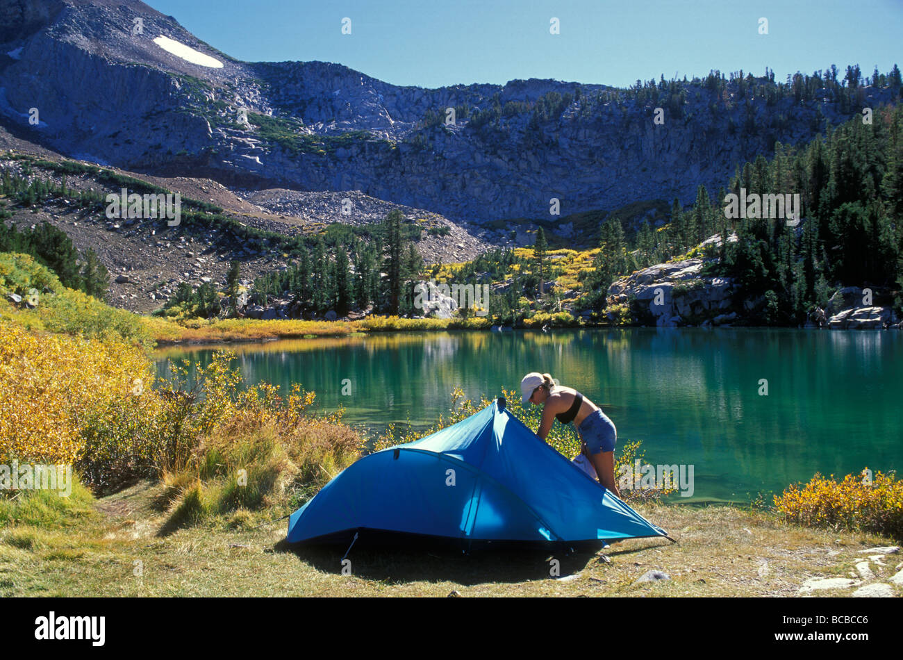 Camping at Laurel Lake in the high Sierra, Inyo National Forest. Stock Photo