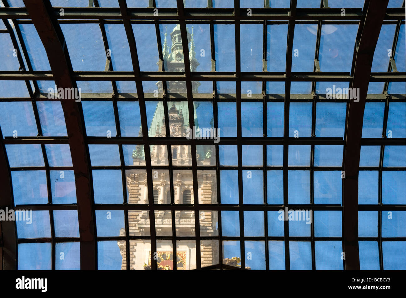 Town Hall Rathaus of Hamburg viewed through a glass roof Germany Stock Photo
