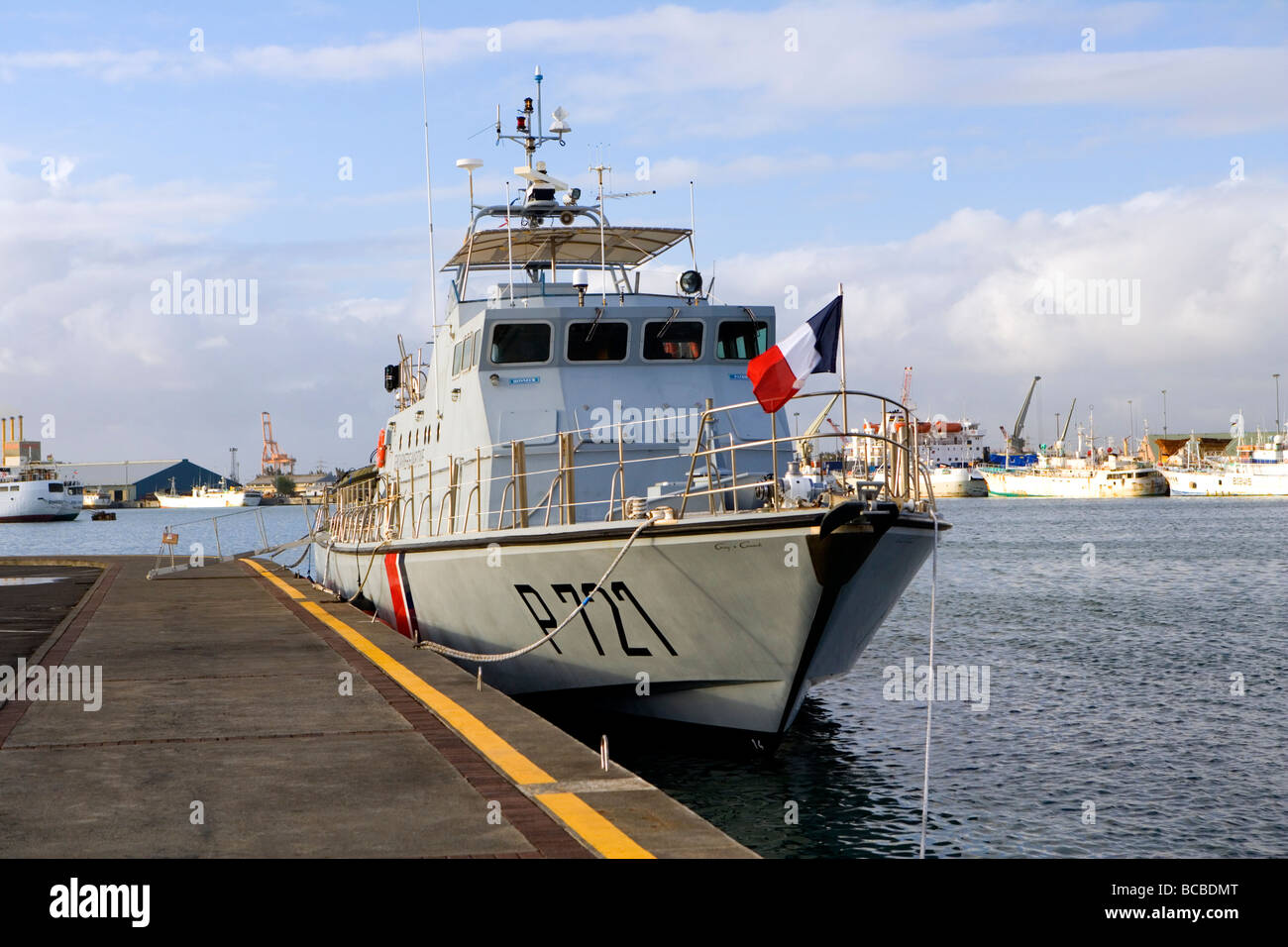 French Naval Patrol boat visitor, Caudan Harbour, Mauritius Stock Photo