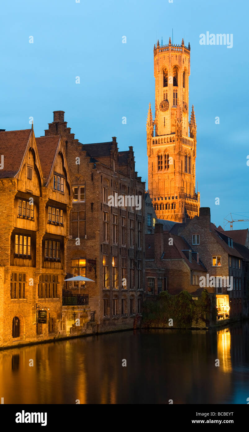 Evening view of the Belfort and canal reflections, Bruges, Belgium Stock Photo