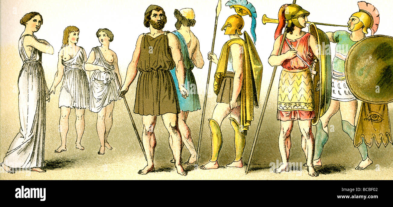 Ancient Greeks: a woman, girls (perhaps Spartans preparing to exercise), two commoners, two warriors, and a trumpeter. Stock Photo
