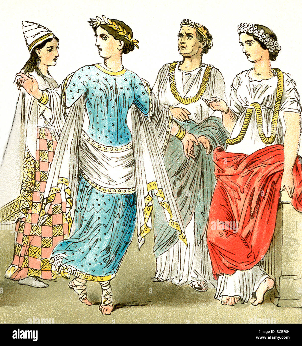 These Etruscan figures represent, two women of the upper class, a nobleman, and a woman of the upper class. Stock Photo