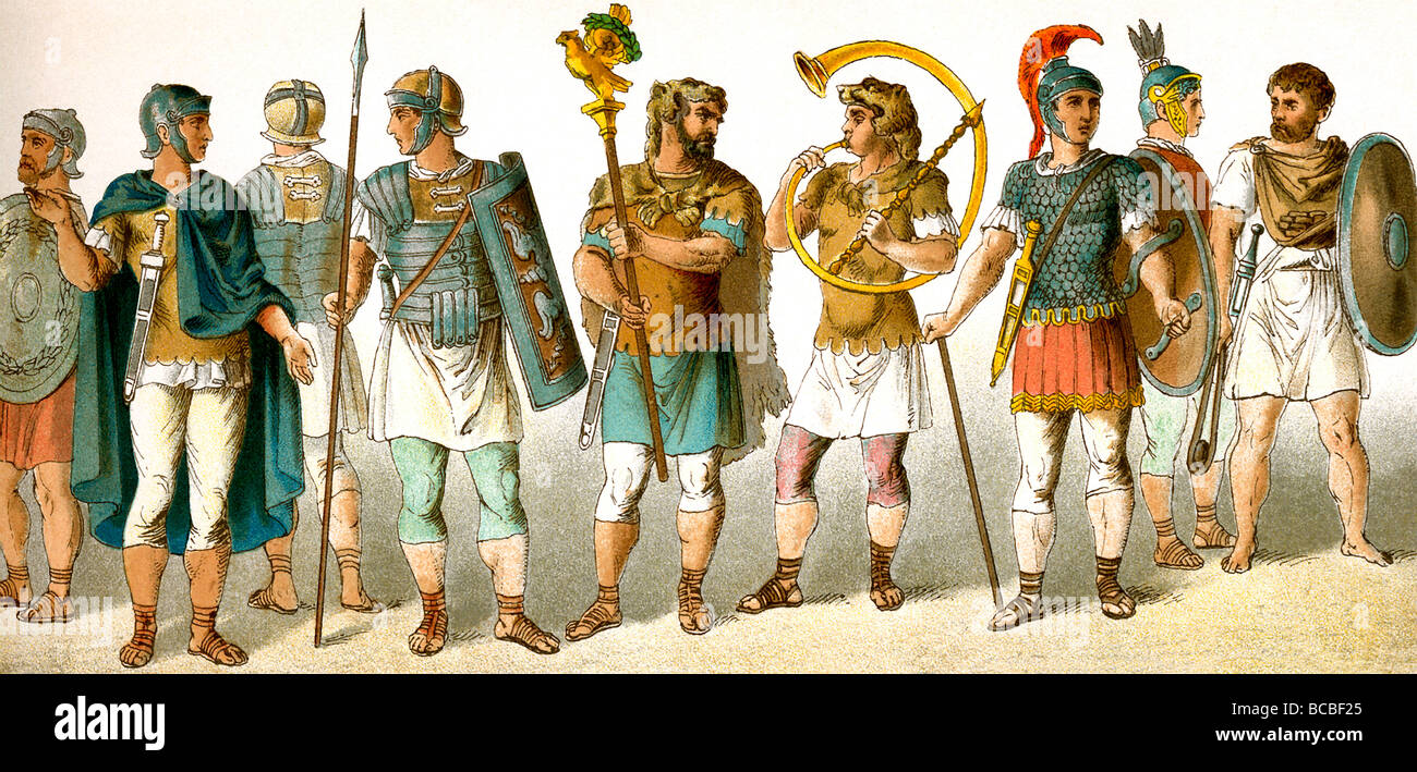 Roman military personnel: four soldiers,  standard bearer, horn blower, chieftain, soldier, and slinger Stock Photo