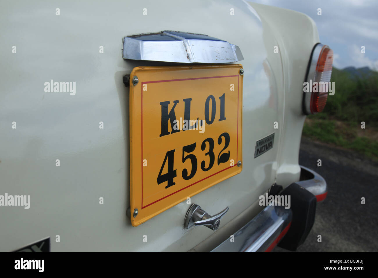 Number plate of white taxi, Kerala India Stock Photo