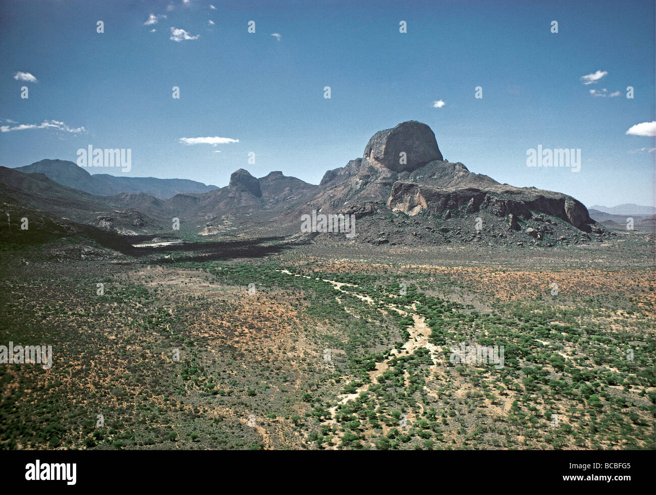 Ndoto Mountains with the dramatic granite peak of Poi in northern Kenya East Africa Stock Photo