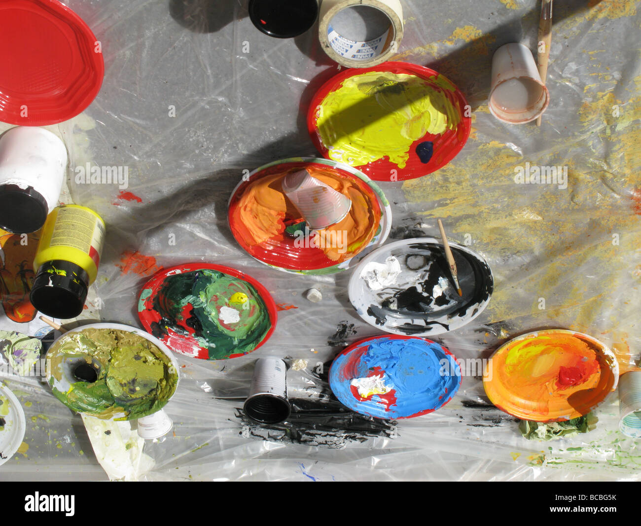 selection of paint palettes on floor in artist's studio Stock Photo Alamy