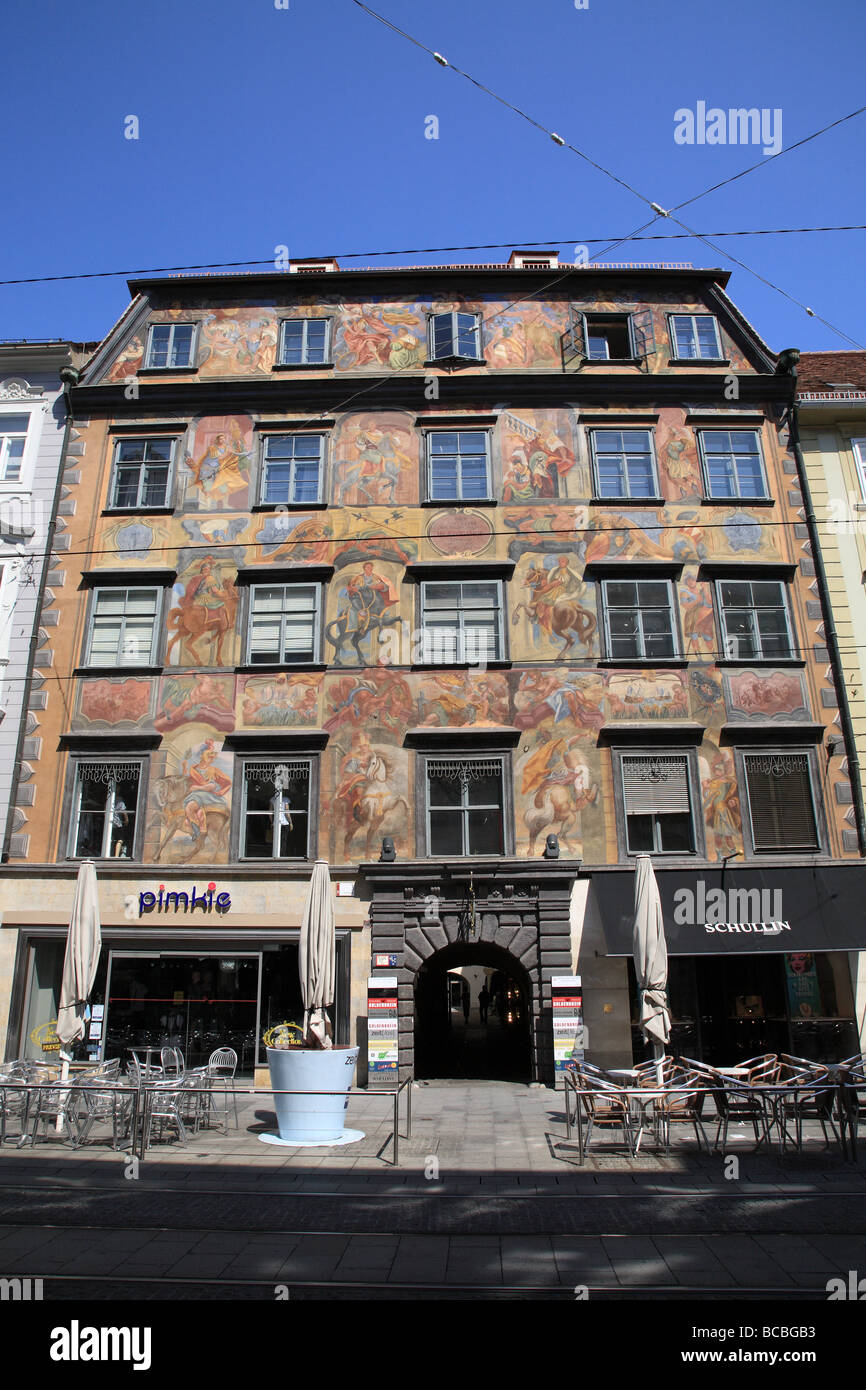Painted facade on old building in the old town area of Graz, Austria Stock Photo