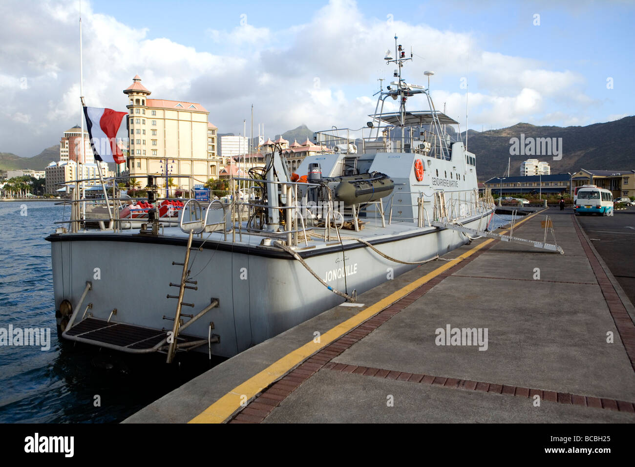 French Naval Patrol boat visitor, Caudan Harbour, Mauritius Stock Photo