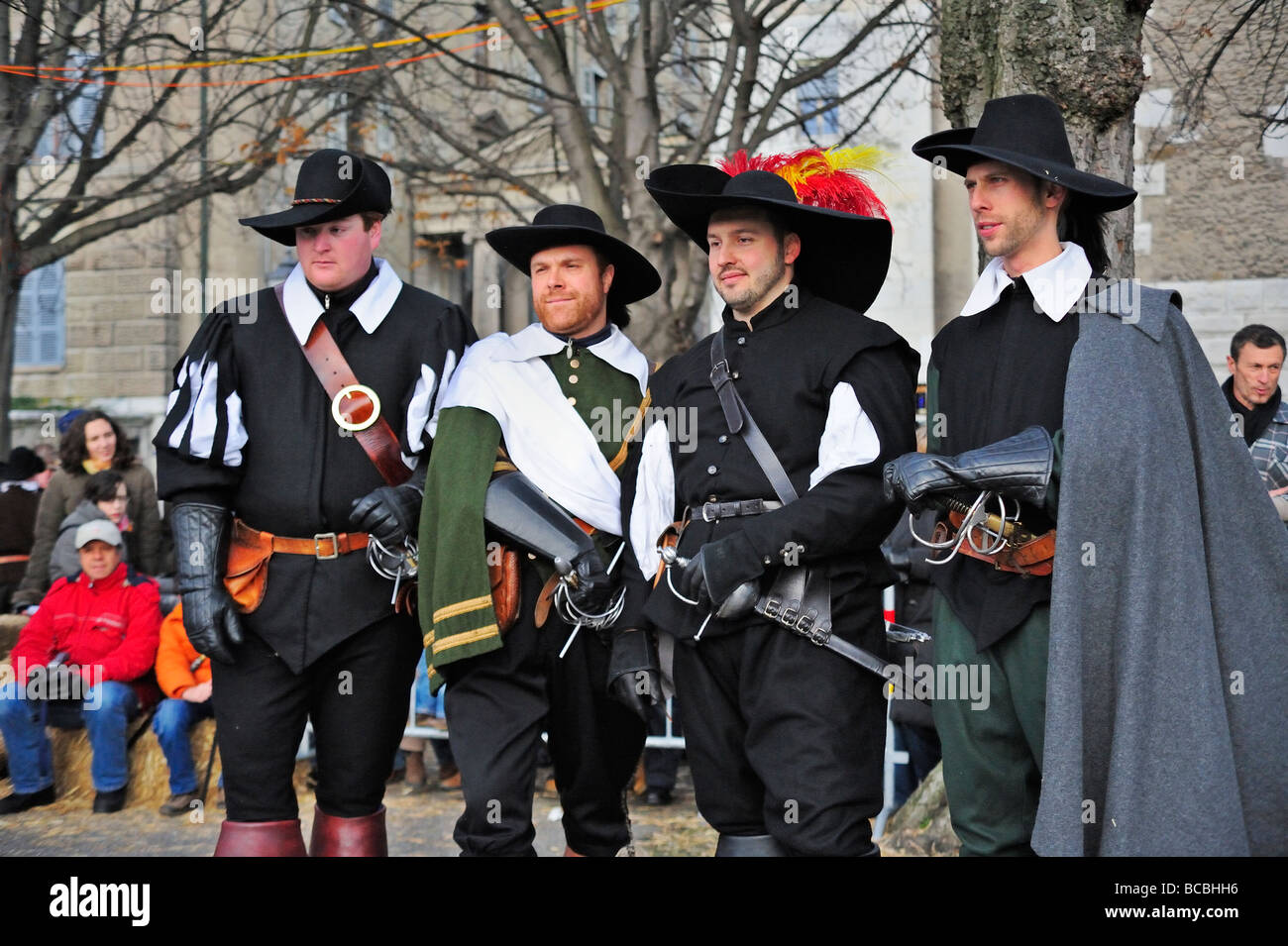 Four swordsmen in Geneva's Escalade Festival Stock Photo
