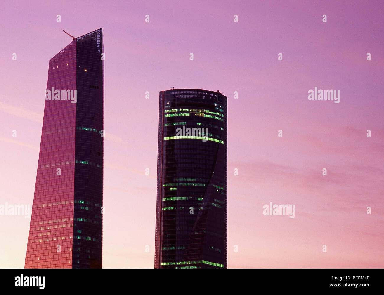 Cristal Tower and Espacio Tower at dusk. Madrid. Spain. Stock Photo