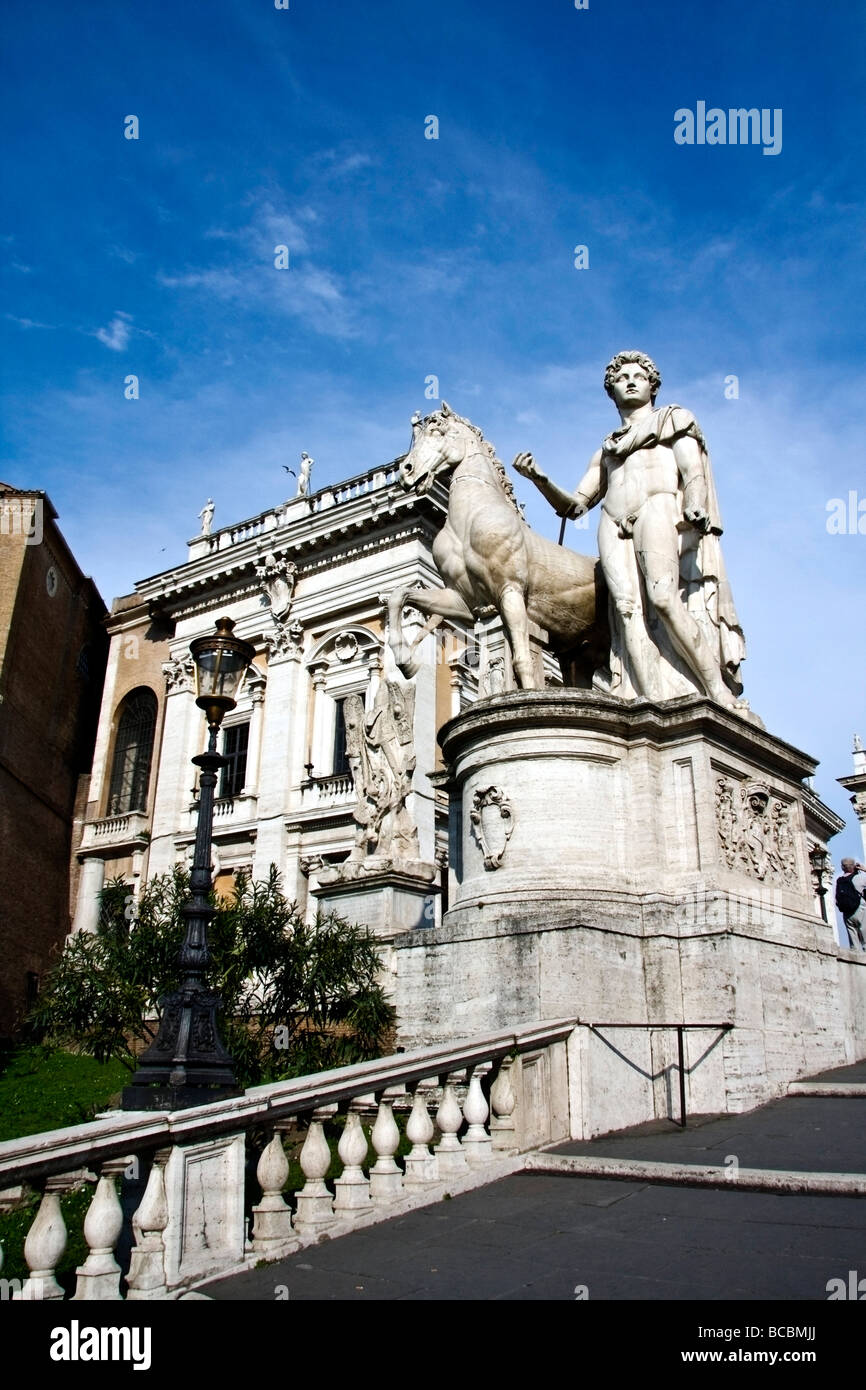 Equestrian Dioscuri statue on the top of Cordonata stair in the Campidoglio square in Rome lazio Italy Stock Photo