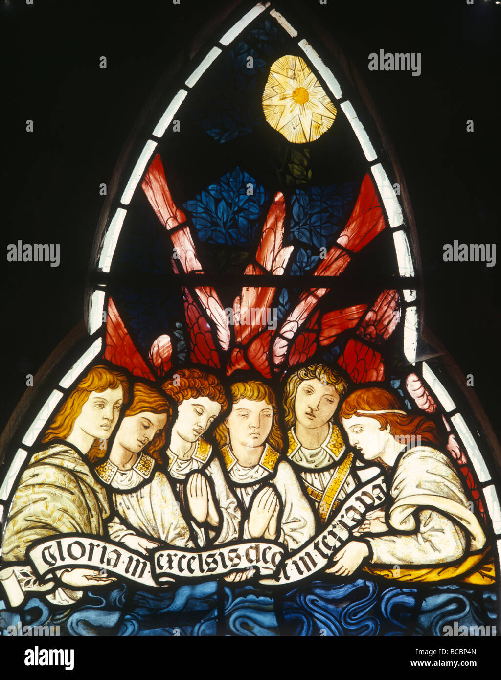 Forden Wales Church of Saint Michael detail of Choir of angels above the Nativity scene by Burnes Jones. Stock Photo