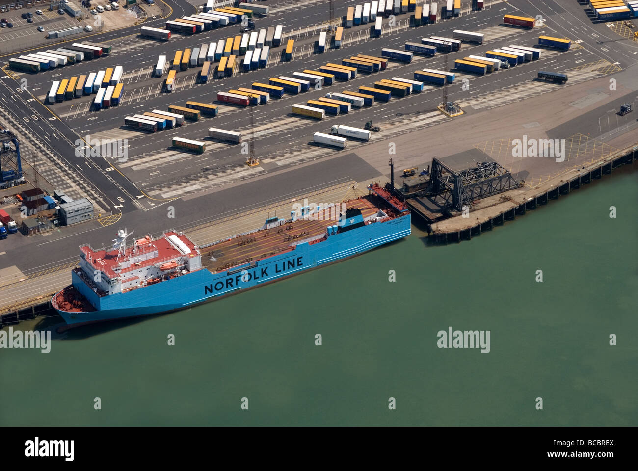 The Port of Felixstowe UK from the air and the RO-RO Maersk Flanders awaiting loading. Stock Photo