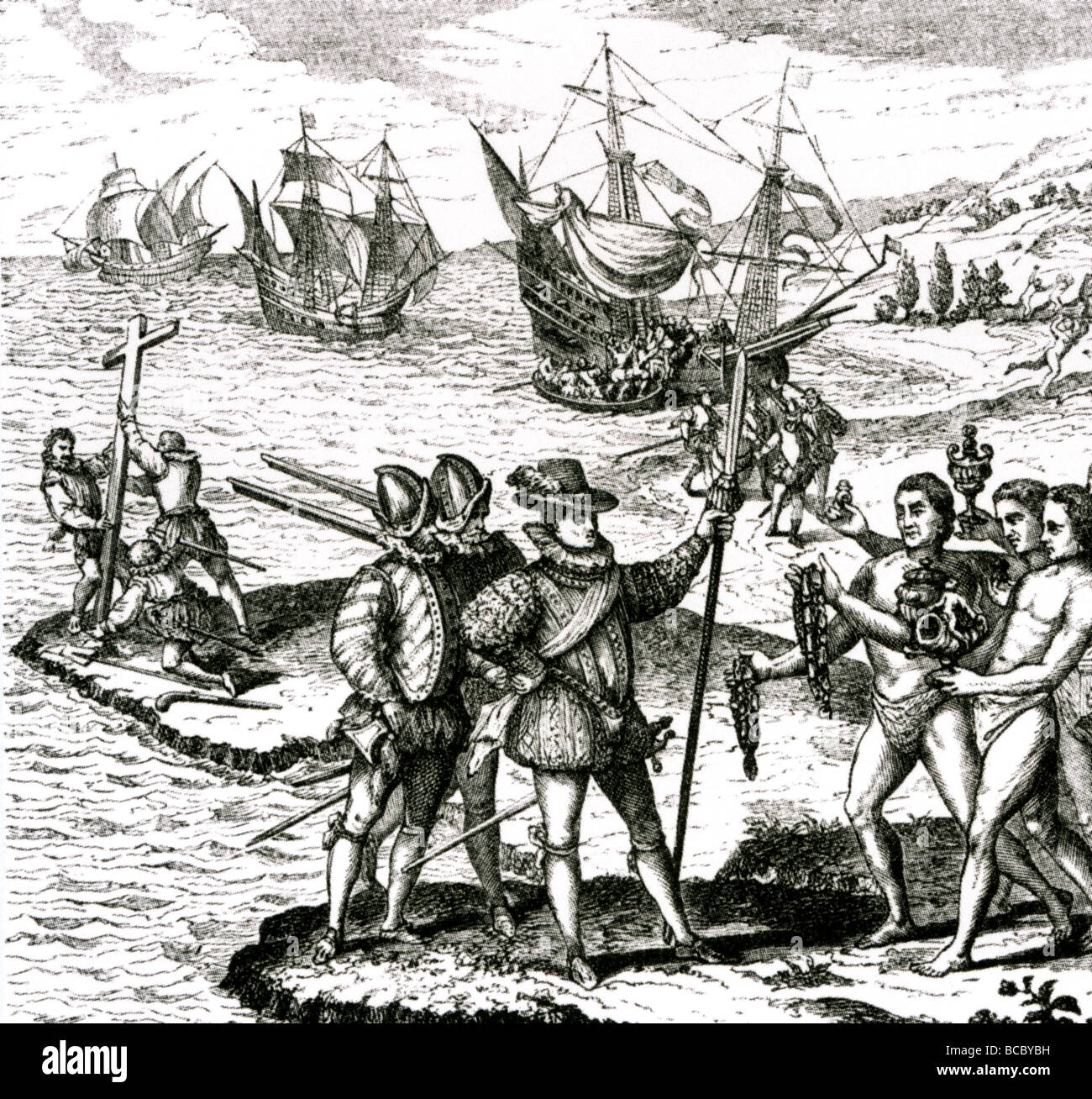 SPANISH CONQUISTADORS recieve gifts from native Indians in this contemporary engraving while soldiers raise a Cross Stock Photo