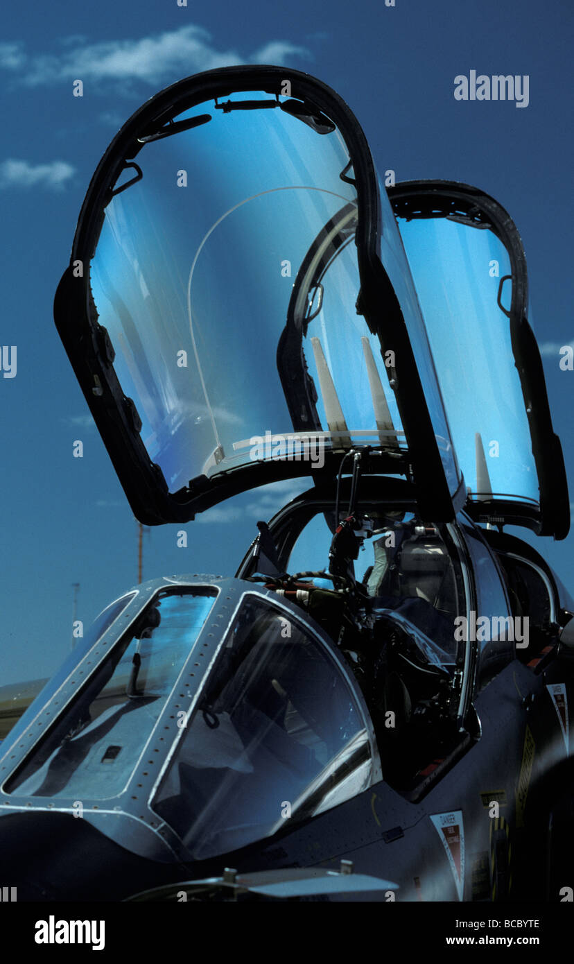Closeup of a French Dassault Alpha Jet fighter cockpit and canopy. Stock Photo