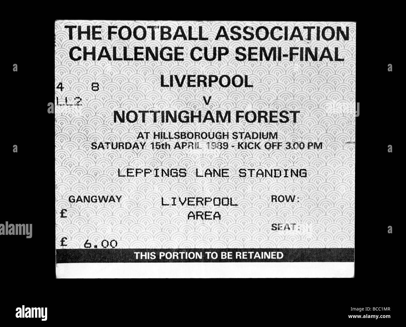 Ticket from the Hillsborough Football Stadium disaster 15 April 1989, FA Cup Semi-Final between Liverpool and Nottingham Forest Stock Photo