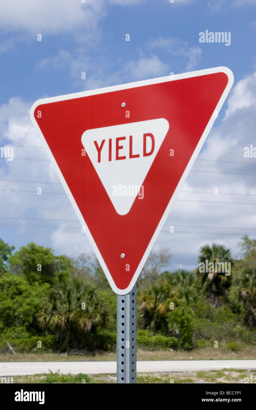 American yield road sign on NASA causeway, Florida Stock Photo