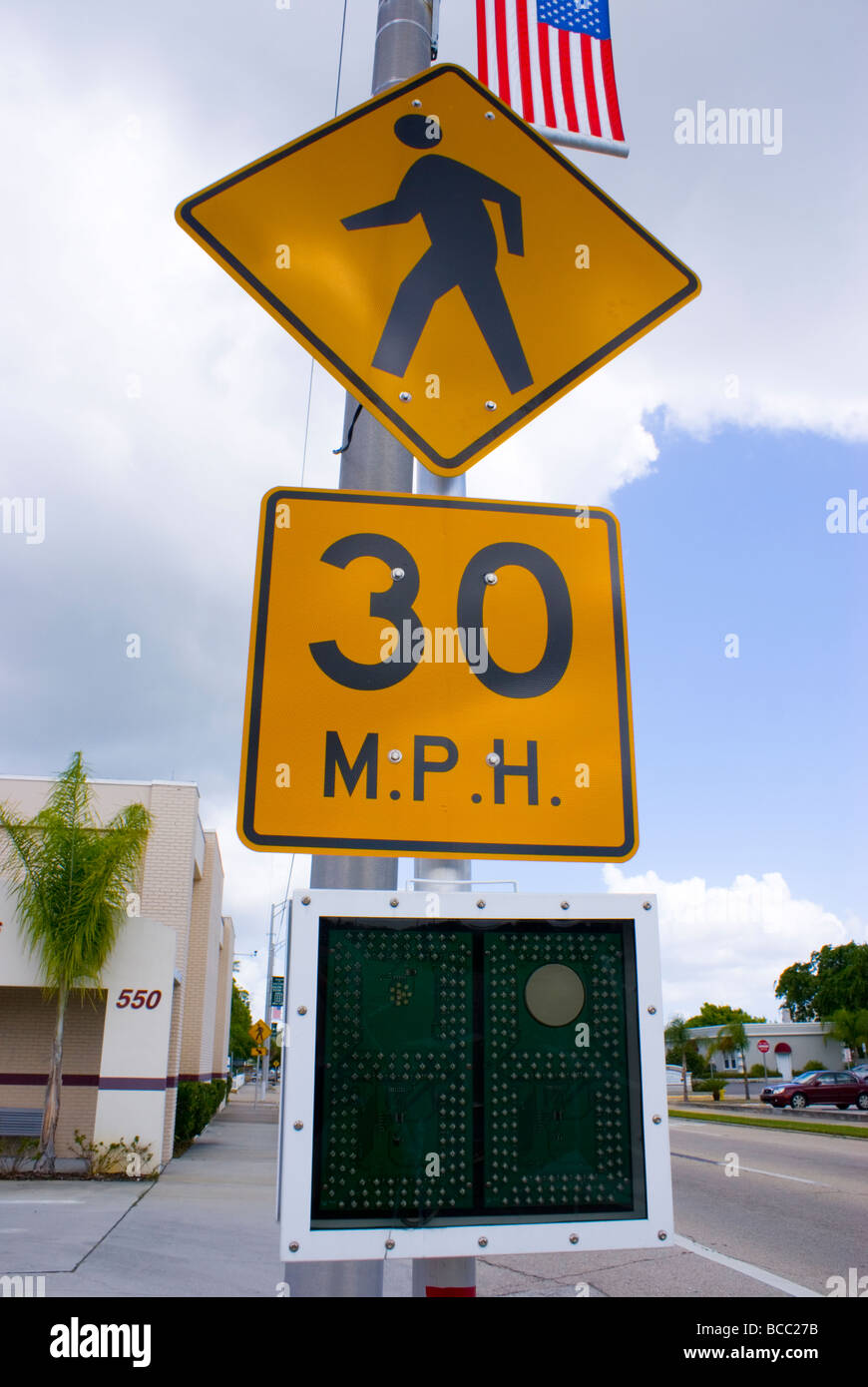 American 30 mph speed limit road sign in Titusville, Florida Stock Photo
